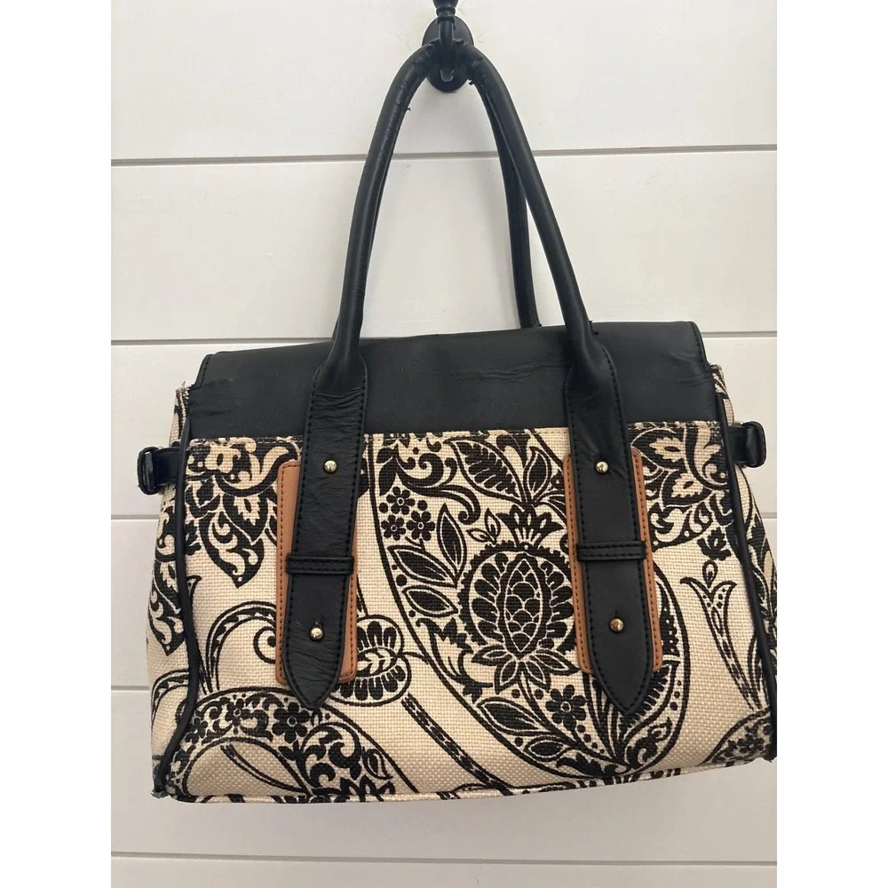 Spartina 449 Satchel Bag Black Cream Paisley Linen Leather Trim Gold Hardware